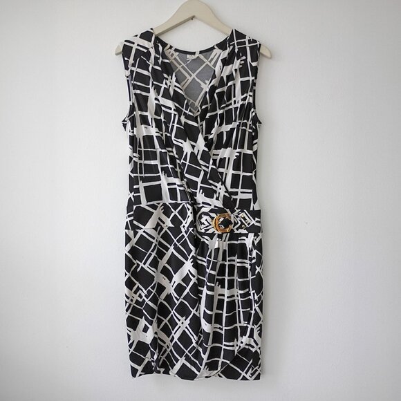 Caché Black & White Sleeveless Wrap Dress with Geometric Print – Size L - Picture 1 of 6